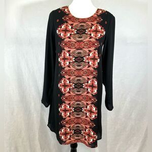 Black and rust boho print keyhole back shift dress size small NWT